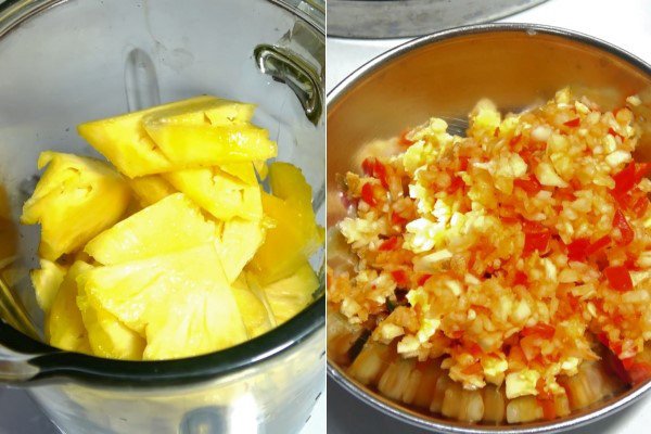 Xay thơm nhuyễn mịn và băm nhỏ tỏi ớt để làm nước mắm nêm chấm cá hấp