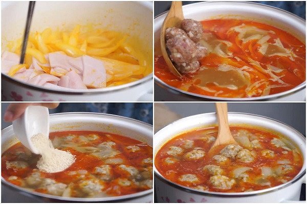 Xíu mại viên đang được nấu cùng nước sốt cà chua sánh mịn
