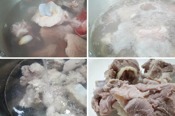 Xương ống heo được trụng sạch, chuẩn bị hầm nước dùng phở khô Gia Lai