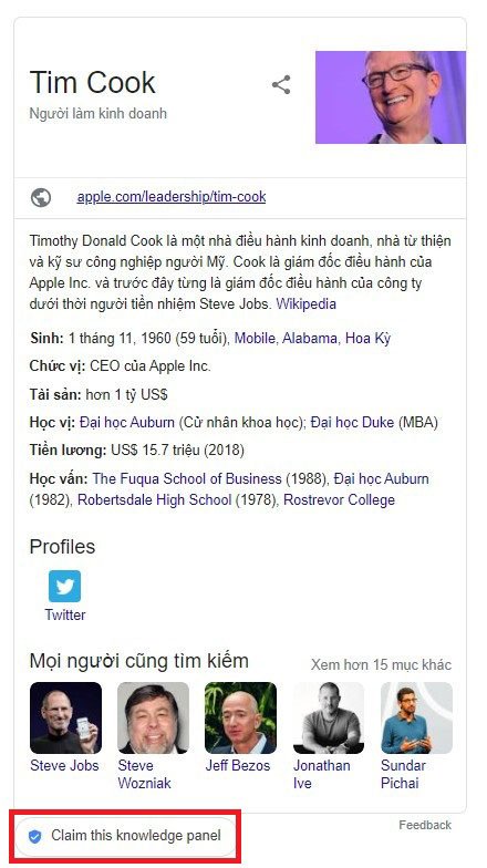 Yêu cầu quyền sở hữu bảng tri thức Google