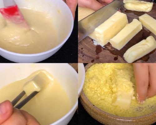 Áo lớp bột chiên xù bên ngoài miếng sữa tươi chuẩn bị chiên
