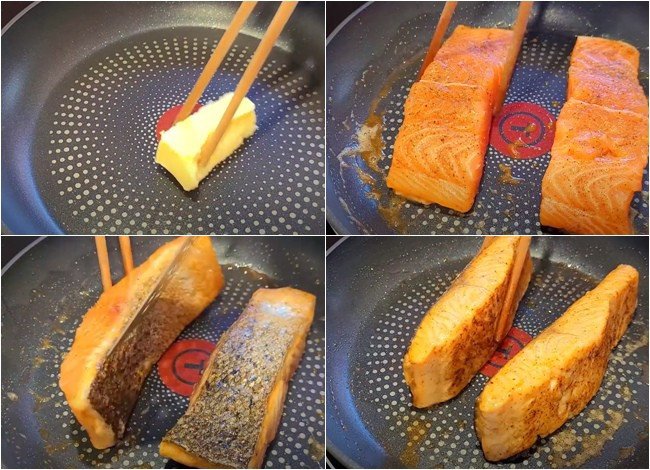 Áp chảo cá hồi trên bếp