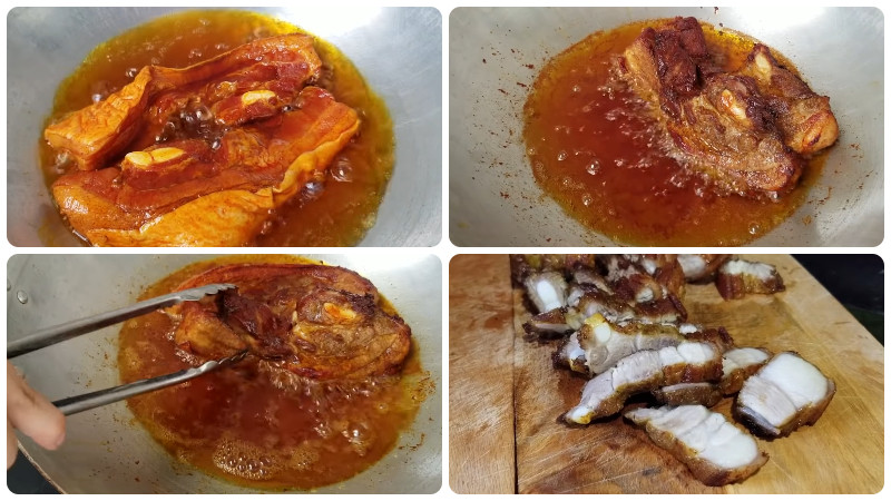 Áp chảo thịt ba chỉ trên chảo dầu nóng