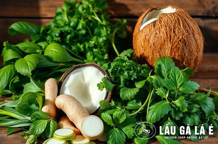 Bàn ăn đầy ắp lẩu gà lá é nước dừa nóng hổi kèm bún tươi và rau sống