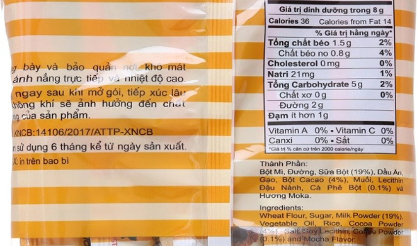 Bảng thông tin dinh dưỡng chi tiết về calo và các chất trong bánh Akiko