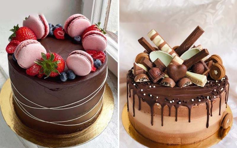 Bánh kem socola trang trí kẹo và bánh quy