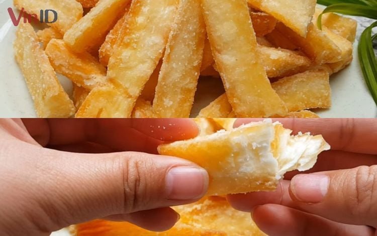 Bánh khoai mì chiên giòn rụm sau khi ngào đường