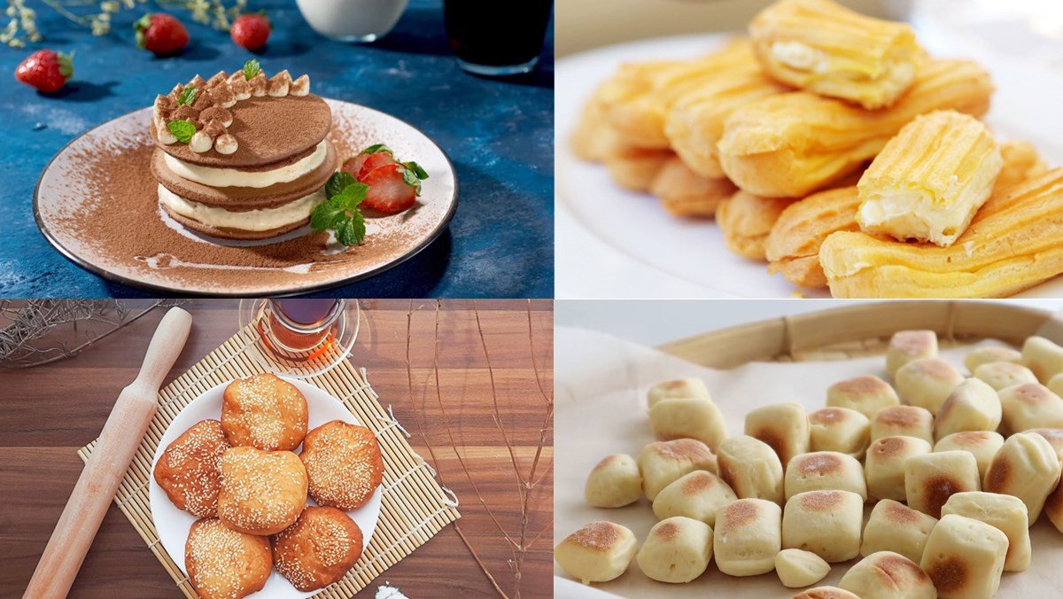 Bánh làm từ bột mì chiên chảo vàng óng, nhiều loại hấp dẫn.
