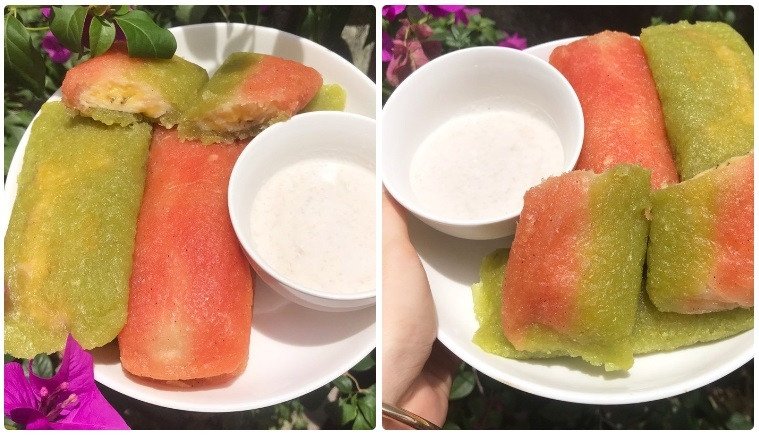 Bánh sắn gói lá chuối hấp sau khi hoàn thành và lăn dừa