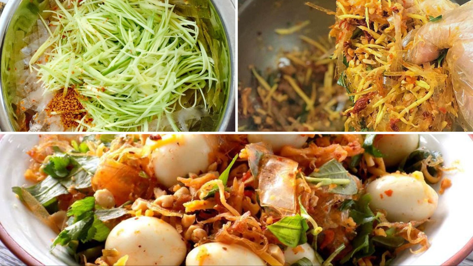 Bánh tráng trộn muối tôm thành phẩm có màu vàng nâu đậm, sự kết hợp màu sắc giữa các loại nguyên liệu khi trộn với nhau