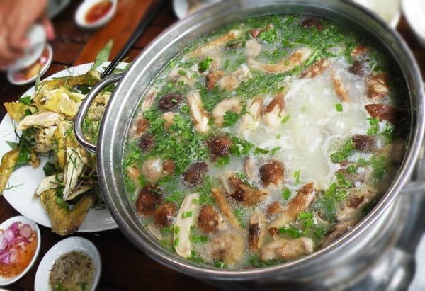 Bát cháo gà nấm hương nóng hổi, trang trí nấm và rau thơm