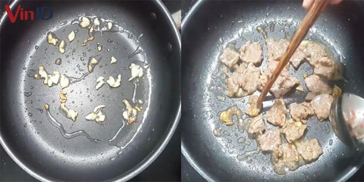 Bắt đầu xào thịt bò tỏi trên chảo nóng với tỏi phi thơm