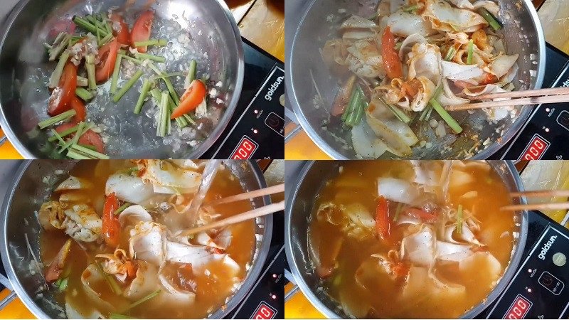Bắt đầu xào thơm các nguyên liệu để chuẩn bị nồi nước lẩu cá bóp măng chua