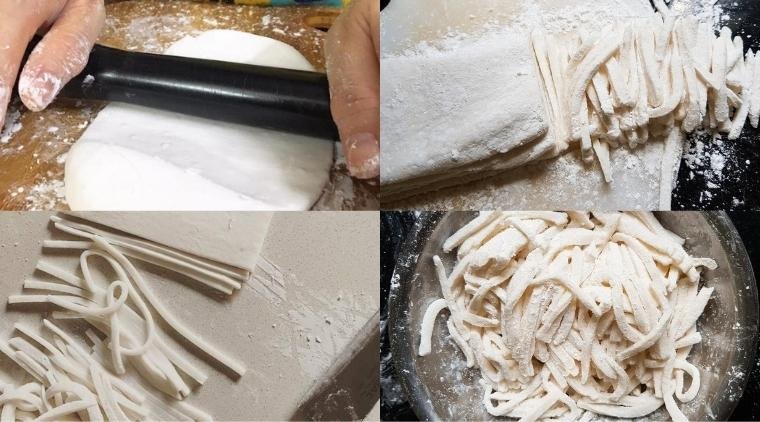 Bột bánh canh được cán mỏng và chuẩn bị cắt thành sợi dẻo dai