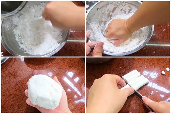 Bột gạo được nhồi và tạo hình bánh gạo