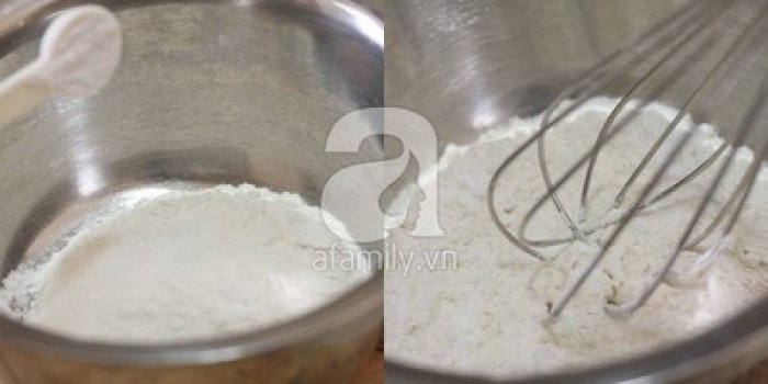 Bột mì và các nguyên liệu khô đang được rây và trộn đều để làm bánh pancake