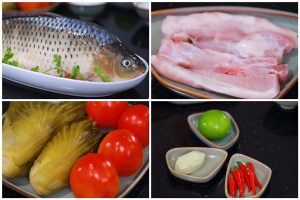 Cá chép tươi ngon sơ chế sạch sẽ và các nguyên liệu chuẩn bị cho món cá chép om dưa miền Bắc