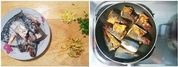 Cá nục được rán sơ trước khi kho