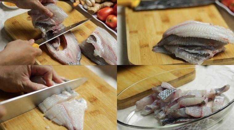 Cá rô phi đã được phi lê và cắt miếng sẵn sàng cho món bún cá rô phi chiên giòn