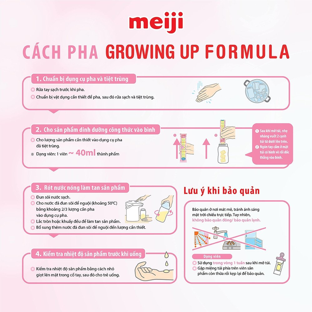 Các bước pha sữa Meiji 1-3 dạng thanh đúng cách cho bé