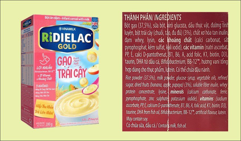 Các loại bột ăn dặm Ridielac Gold gạo trái cây phù hợp cho bé 6-24 tháng