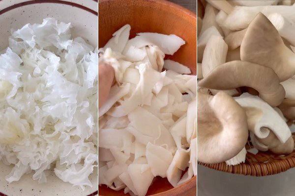 Các loại nấm tuyết, măng chua và nấm bào ngư đã sơ chế cho canh chay
