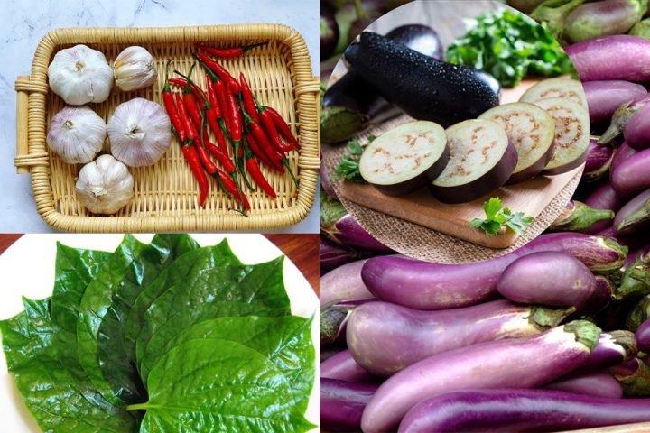 Các loại rau củ như cà tím, lá lốt, tỏi, ớt đã được sơ chế và chuẩn bị sẵn trên thớt gỗ