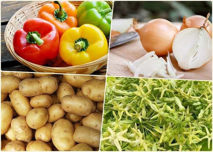 Các loại rau củ quả tươi xanh dùng để kết hợp với thịt bò xào.