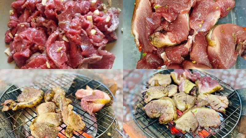 Các miếng thịt heo rừng đang được ướp gia vị muối ớt trước khi nướng