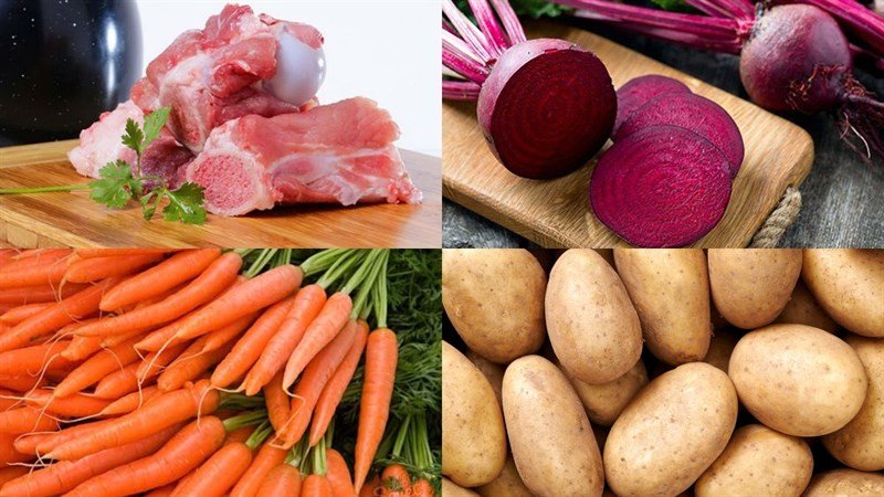 Các nguyên liệu chính cho món canh củ dền nấu xương: xương heo, củ dền, cà rốt, khoai tây và gia vị