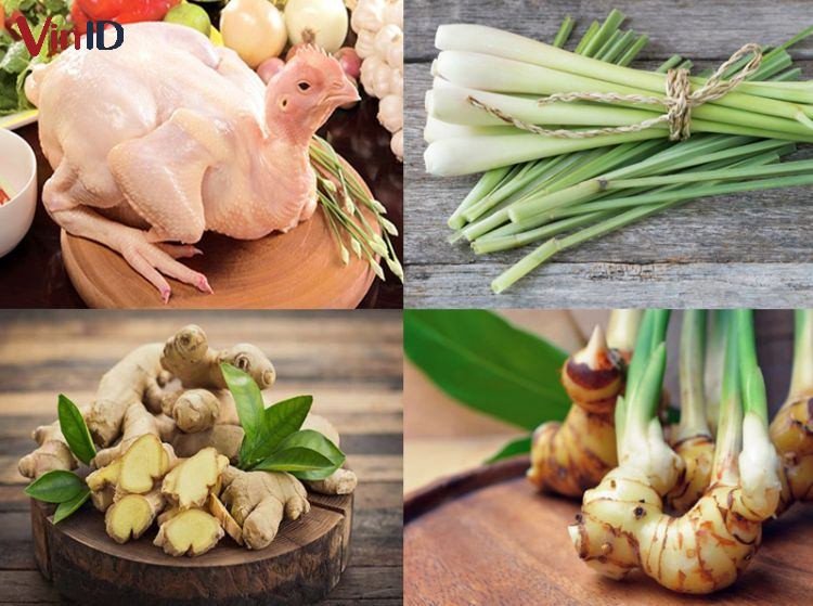 Các nguyên liệu chính cho món giả cầy gà kiểu miền Tây: gà, riềng, sả, nghệ, mắm tôm