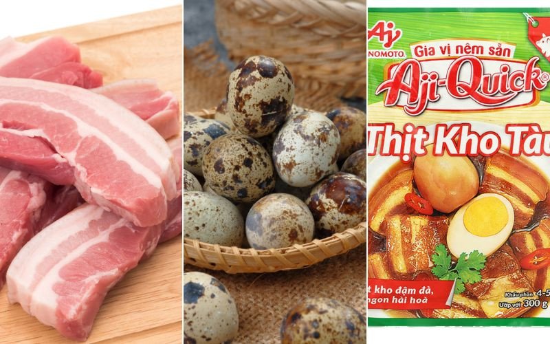 Các nguyên liệu cơ bản chuẩn bị nấu thịt kho tàu bao gồm thịt ba chỉ, trứng cút, gói gia vị kho và các gia vị đi kèm.