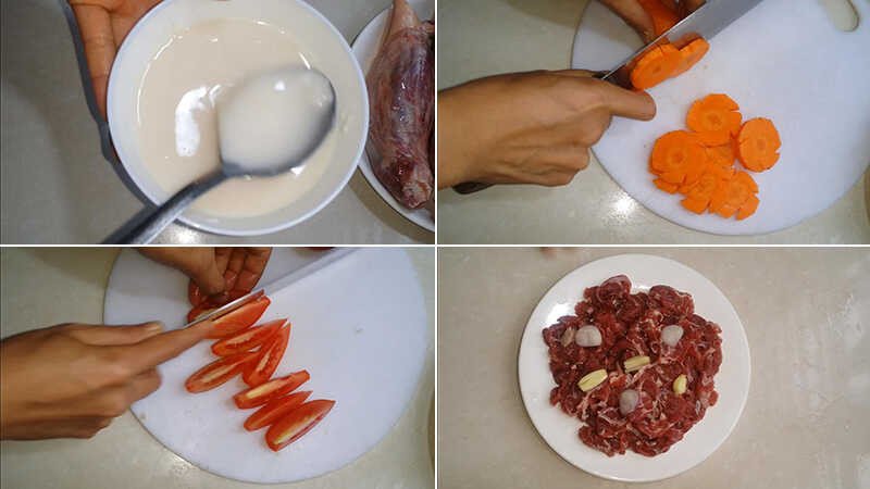 Các nguyên liệu đã được sơ chế sạch sẽ để chuẩn bị nấu trâu nhúng mẻ