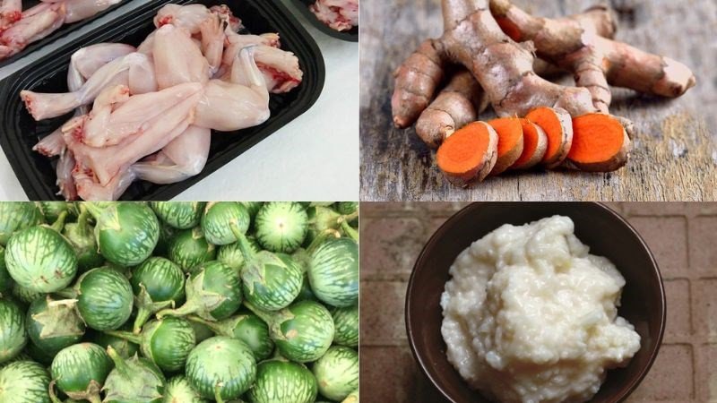 Các nguyên liệu đã sơ chế sẵn sàng cho món ếch xào cà