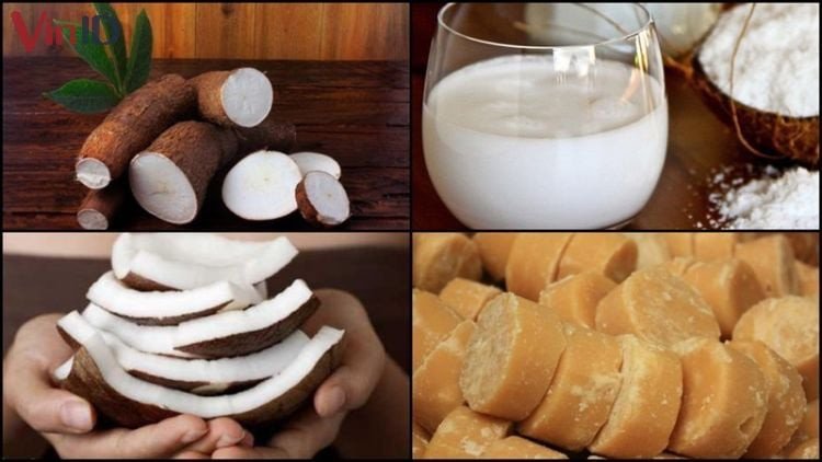 Các nguyên liệu làm chè khoai mì đường thốt nốt ngọt thanh