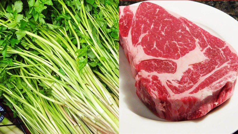 Các nguyên liệu tươi ngon chuẩn bị cho món cần nước xào thịt bò