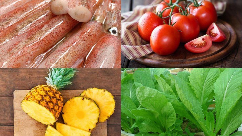 Các nguyên liệu tươi ngon chuẩn bị cho món lẩu mực tại nhà, gồm mực, rau củ và gia vị