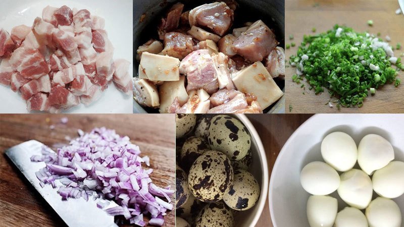 Các nguyên liệu tươi ngon chuẩn bị cho món thịt kho trứng không cần nước dừa, bao gồm thịt ba chỉ, trứng cút, hành, tỏi, ớt và các gia vị cơ bản.