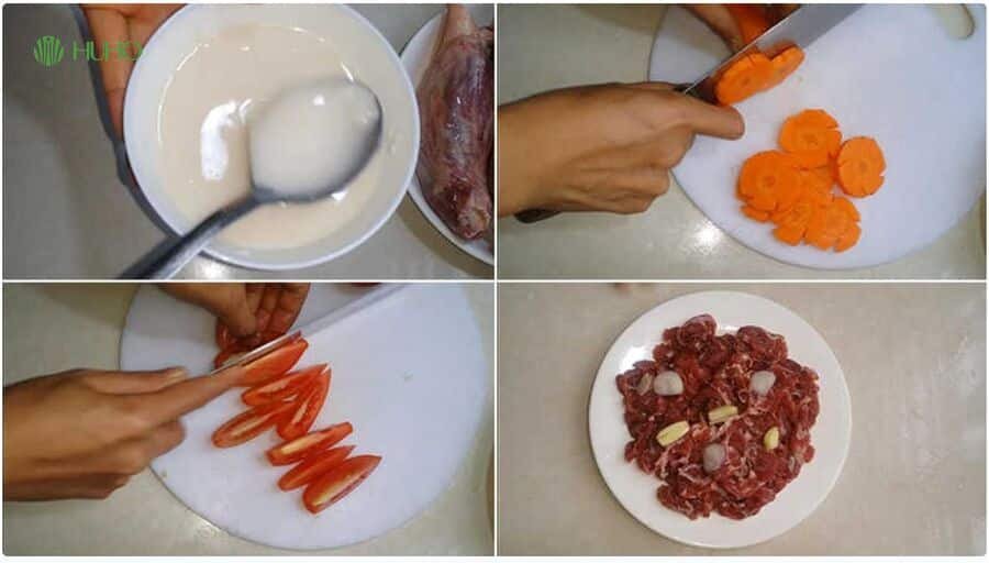Các nguyên liệu tươi ngon chuẩn bị cho món thịt trâu nhúng mẻ lá lốt
