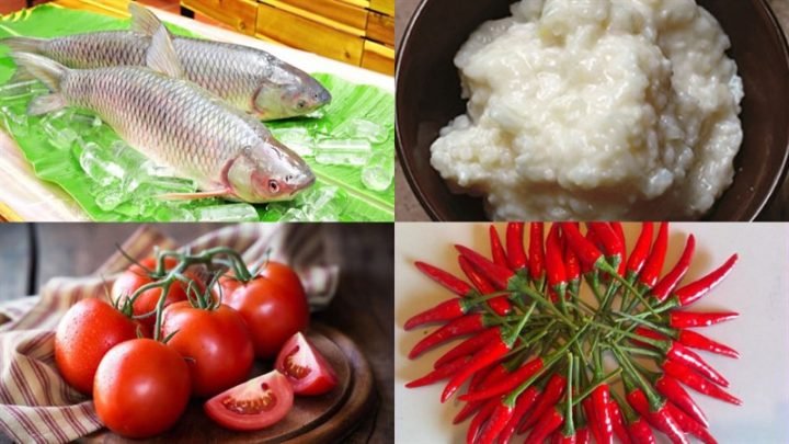 Các nguyên liệu tươi ngon chuẩn bị nấu lẩu cá trắm như cá, cà chua, gia vị.