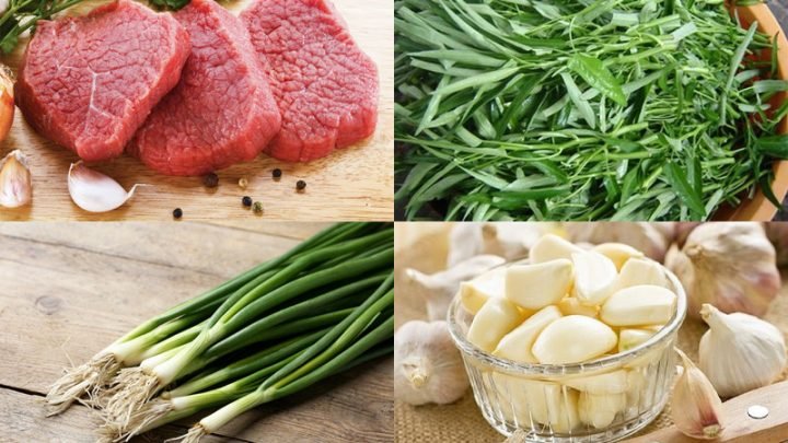 Các nguyên liệu tươi ngon để chế biến món thịt trâu xào mềm, bao gồm thịt trâu, rau muống, tỏi ớt