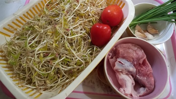 Các nguyên liệu tươi ngon để chuẩn bị món cách xào giá đỗ với thịt heo.