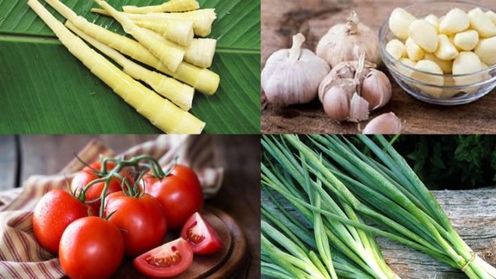 Các nguyên liệu tươi ngon để chuẩn bị xào măng chua gồm măng, cà chua và gia vị