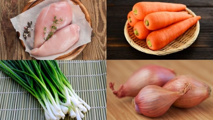 Các nguyên liệu tươi ngon để làm chả ức gà rau củ bao gồm ức gà, bắp, cà rốt.