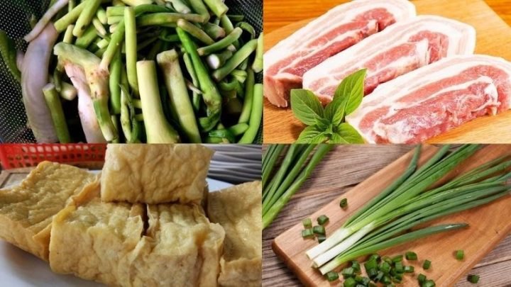 Các nguyên liệu tươi ngon để nấu canh ngó khoai: ngó khoai, thịt ba chỉ, đậu phụ chiên