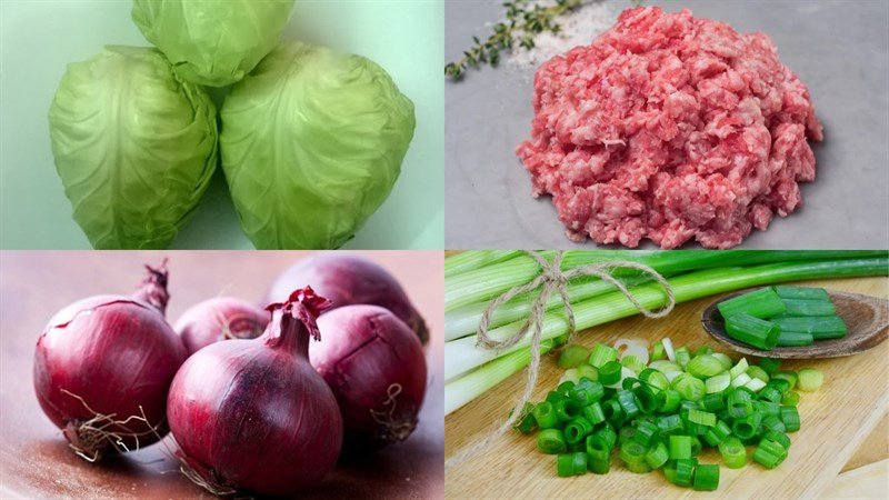 Các nguyên liệu tươi ngon để nấu món canh bắp cải thịt băm, bao gồm bắp cải, thịt băm, hành lá và hành tím