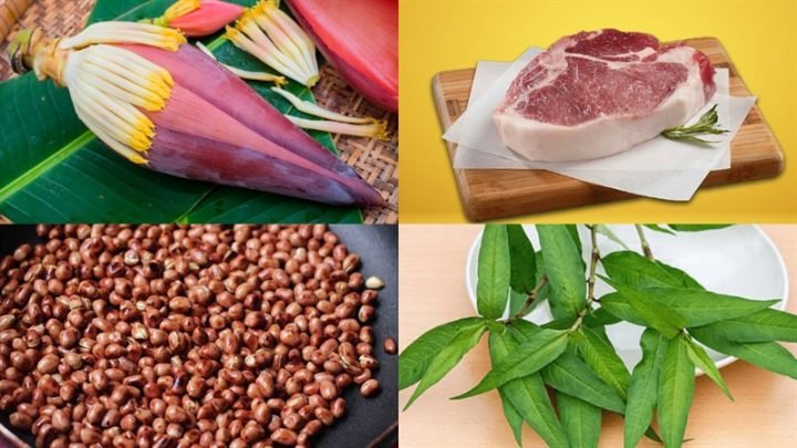 Hướng Dẫn Cách Làm Nộm Hoa Chuối Thịt Lợn Thơm Ngon Tại Nhà Các nguyên liệu tươi sống để làm nộm hoa chuối thịt lợn bao gồm hoa chuối, thịt lợn, rau thơm