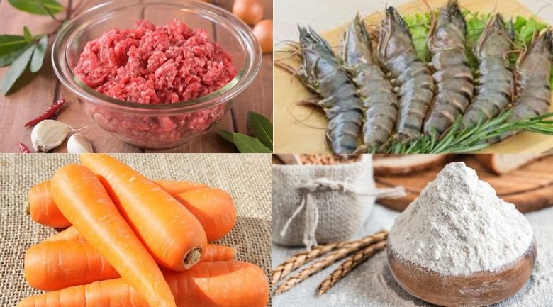 Các nguyên liệu tươi sống gồm tôm, thịt lợn, cà rốt chuẩn bị làm chả tôm thịt lợn.