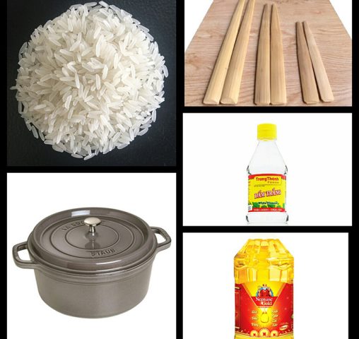 Các nguyên liệu và dụng cụ cần thiết để nấu cơm bằng bếp ga.