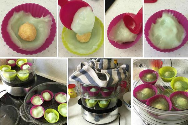 Các viên bánh xu xê đã định hình trong khuôn sẵn sàng hấp